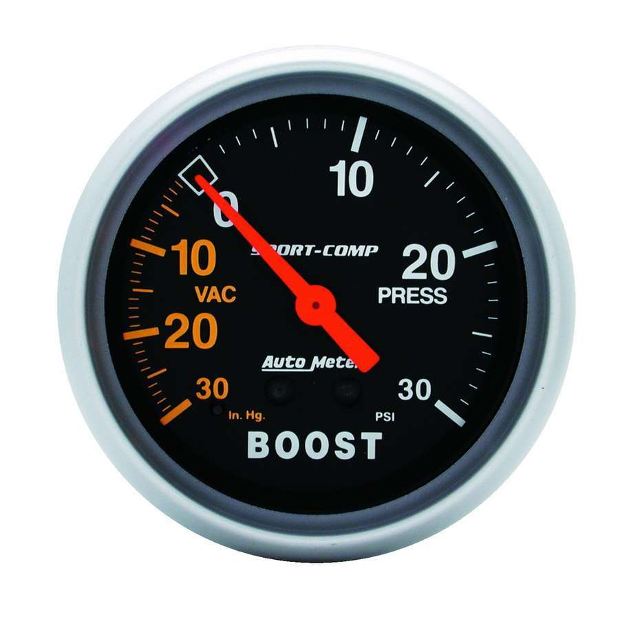 Autometer Boost and Vacuum Gauge 3403, Mechanical Analog, 30 Inches of Mercury and 30 PSI, 2-5/8 Inch Diameter, Black Face