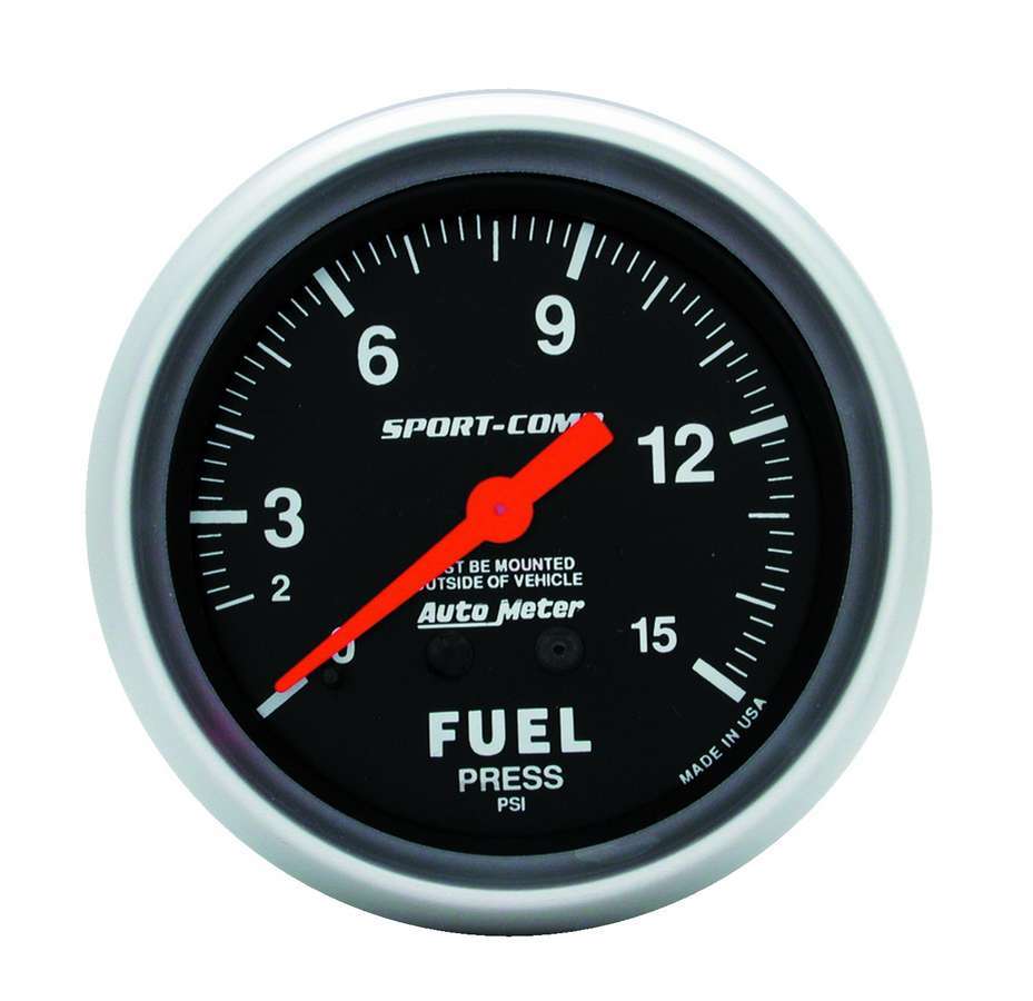 Autometer 3411 Fuel Pressure Gauge 0-15 psi Mechanical Analog Full Sweep 2-5/8 Inch Black Face