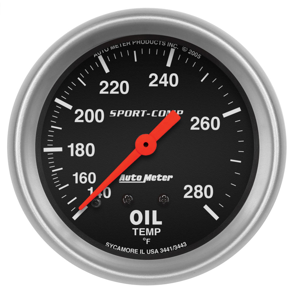 Autometer 3441 Oil Temperature Gauge, 140-280°F, Mechanical, Analog, Full Sweep, 2-5/8 Inch Diameter, Black Face