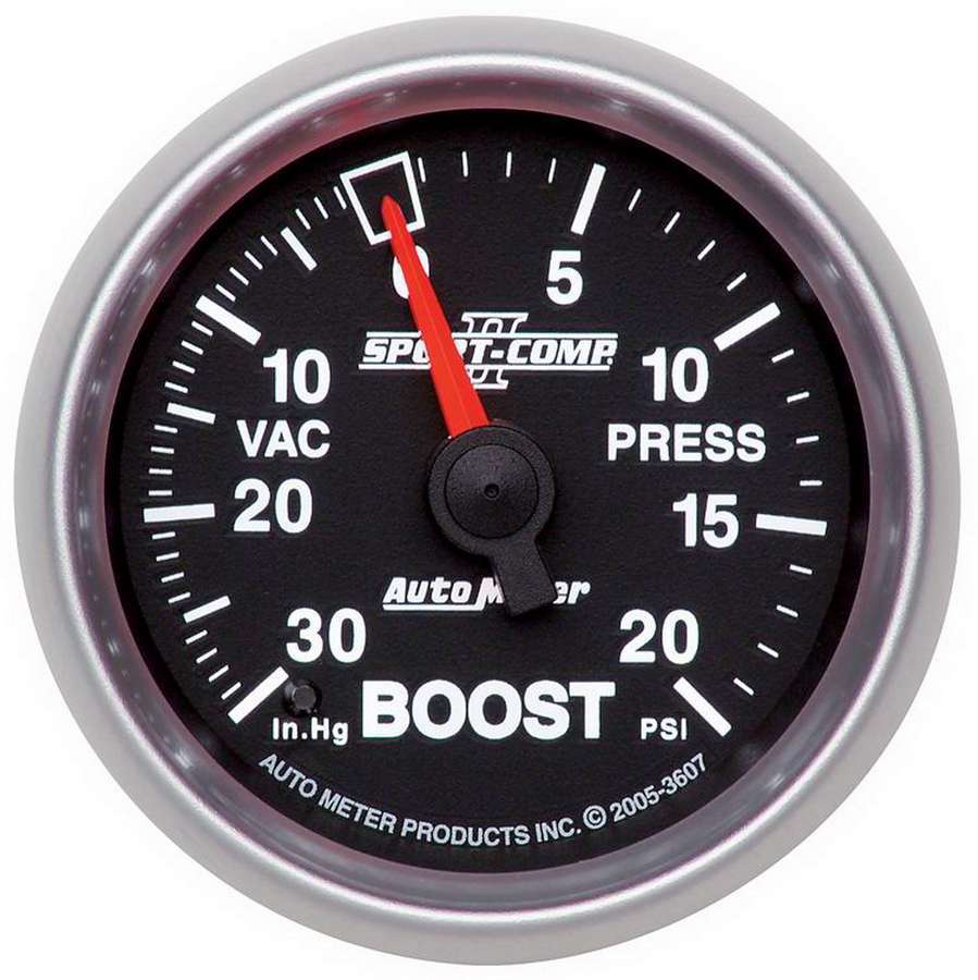 Autometer 3607 Sport-Comp II Boost Gauge 2-1/16 Inch Mechanical Analog 30 in Hg to 20 psi Black Face