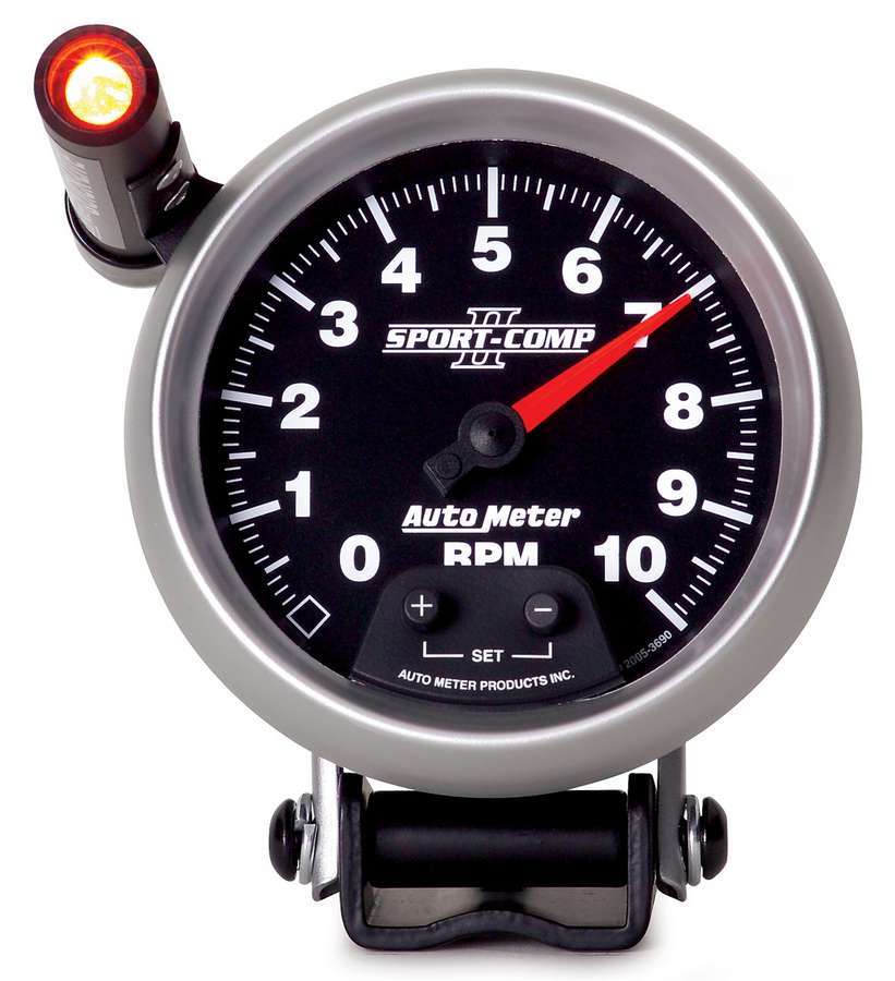 Autometer 3690 Sport-Comp II Mini Monster Tachometer, 10,000 RPM, Analog, 3-3/4 Inch Diameter, Pedestal Mount, Black Face with Shift Light