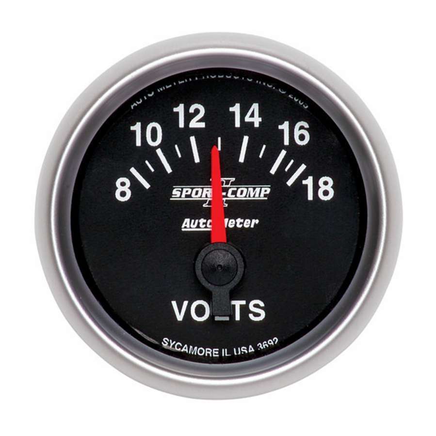 Autometer 3692 Sport-Comp II Volt Meter, 8-18V, Analog, Short Sweep, 2-1/16 Inch Diameter, Black Face