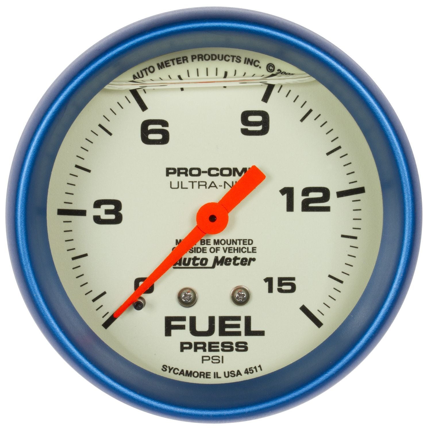 Autometer 4211 Ultra-Nite Fuel Pressure Gauge 0-15 PSI, Mechanical, 2-5/8 Inch Diameter, Liquid Filled, White Face
