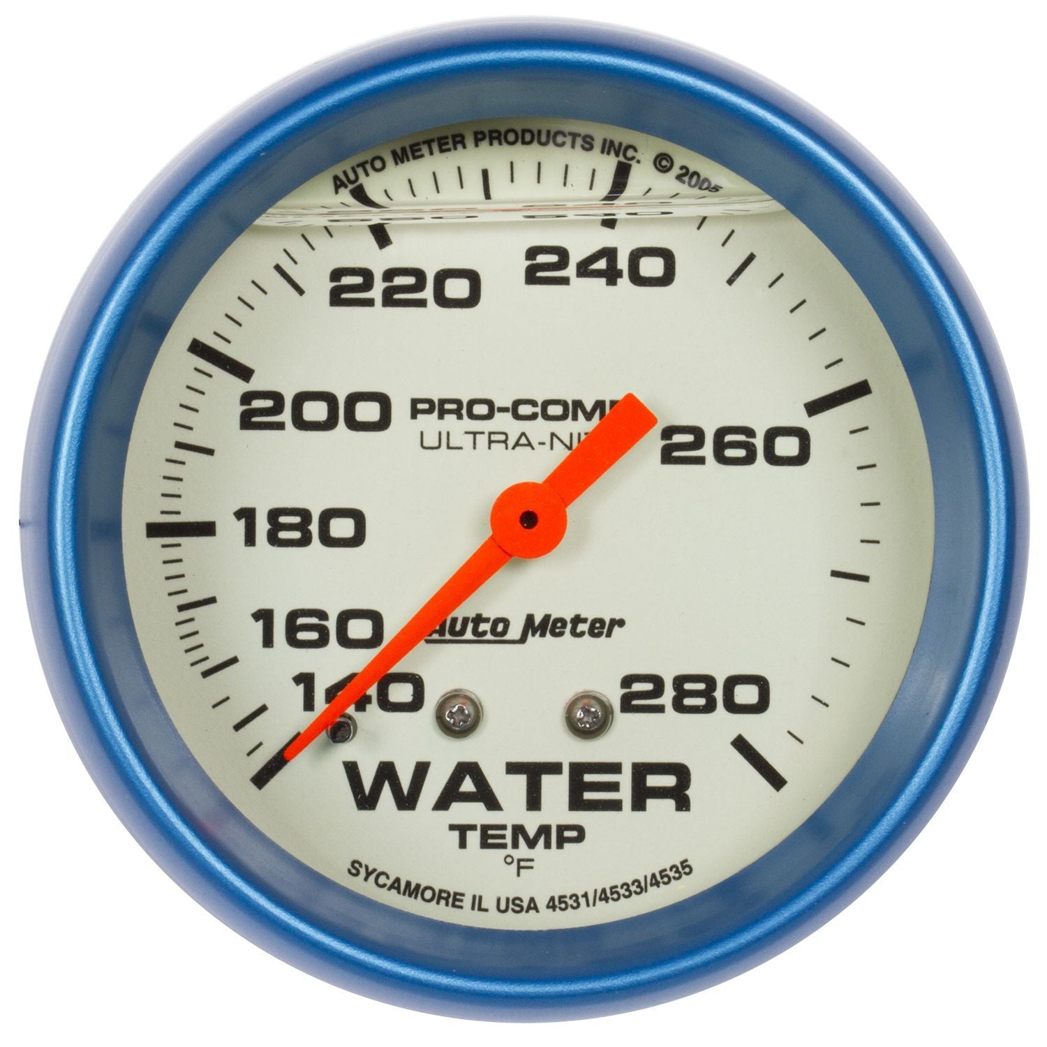 Autometer 4231 Ultra-Nite Water Temperature Gauge 140-280°F Mechanical Analog, Full Sweep, 2-5/8 Inch Diameter, Liquid Filled White Face