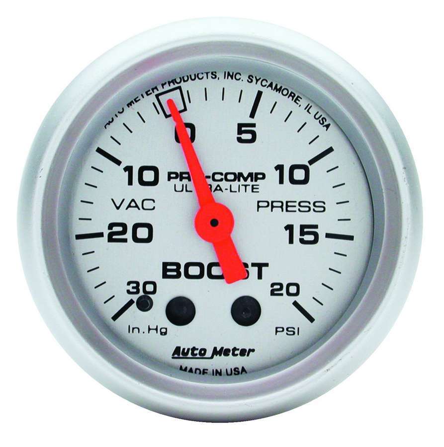 Autometer Mini Ultra-Lite Boost Vacuum Gauge 30 in Hg to 20 psi Mechanical Analog 2-1/16 Inch Silver Face