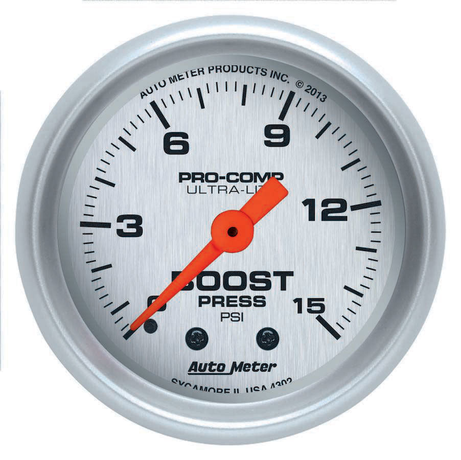 Autometer 4302 Ultra-Lite Mechanical Boost Gauge 0-15 psi, 2-1/16 Inch Silver Face