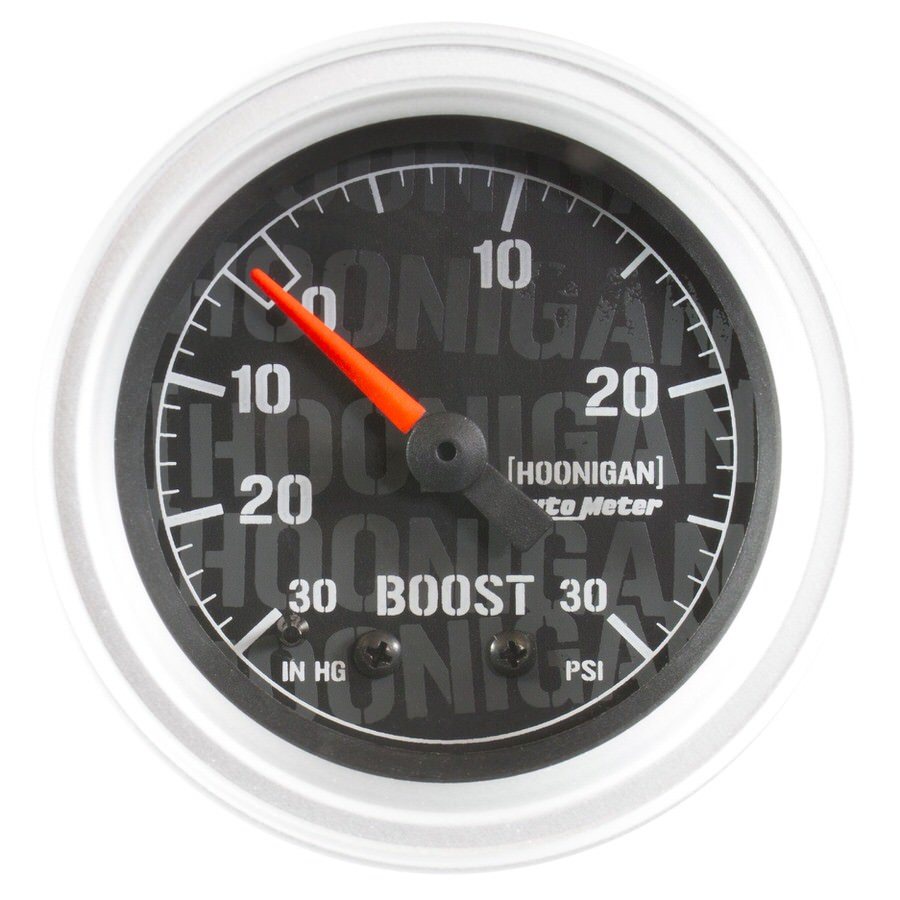 Autometer 4303-09000 Hoonigan Series 2-1/16 Inch Vacuum and Boost Gauge, 30 in Hg to 30 PSI, Mechanical, Analog, Black Face