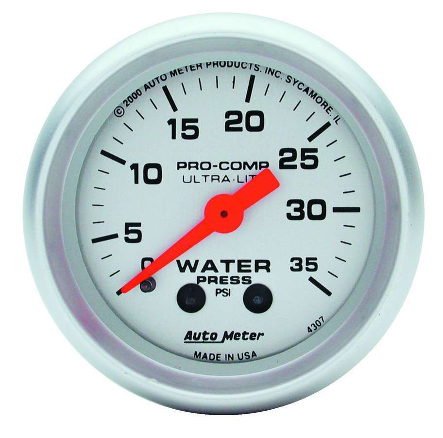 Autometer 4307 Water Pressure Gauge 0-35 PSI Ultra-Lite Mechanical Analog 2-1/16 Inch Silver Face