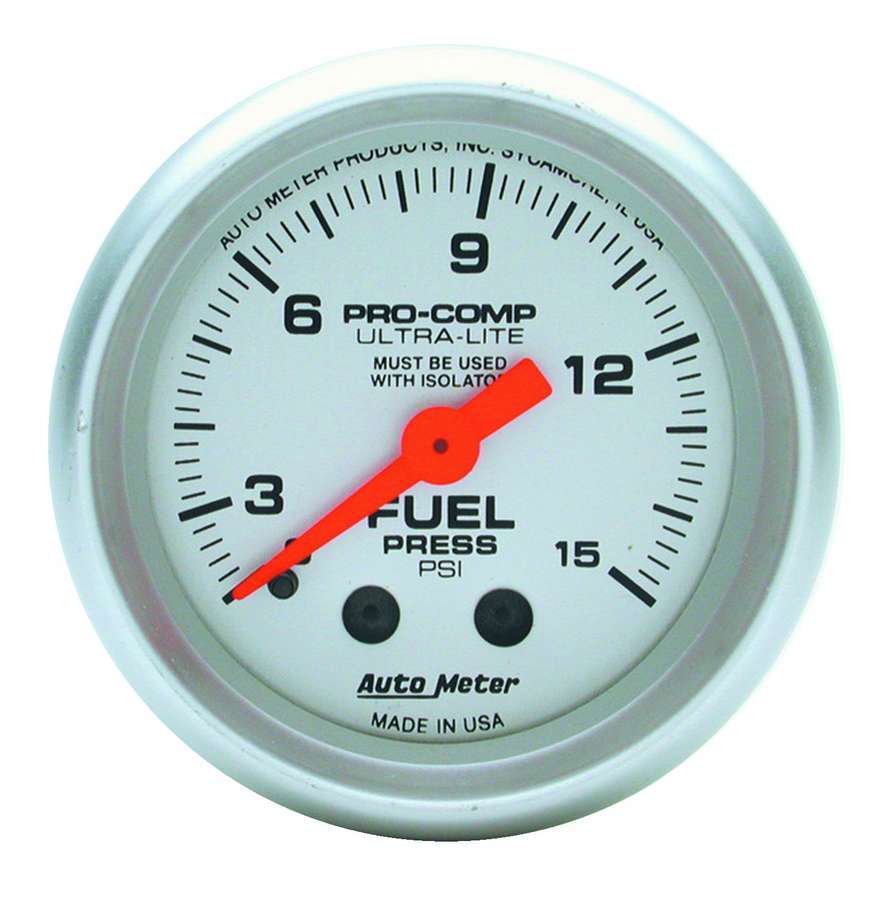 Autometer 4311 2-1/16 Inch Mini Ultralite Fuel Pressure Gauge, 0-15 psi, Mechanical, Analog, Silver Face