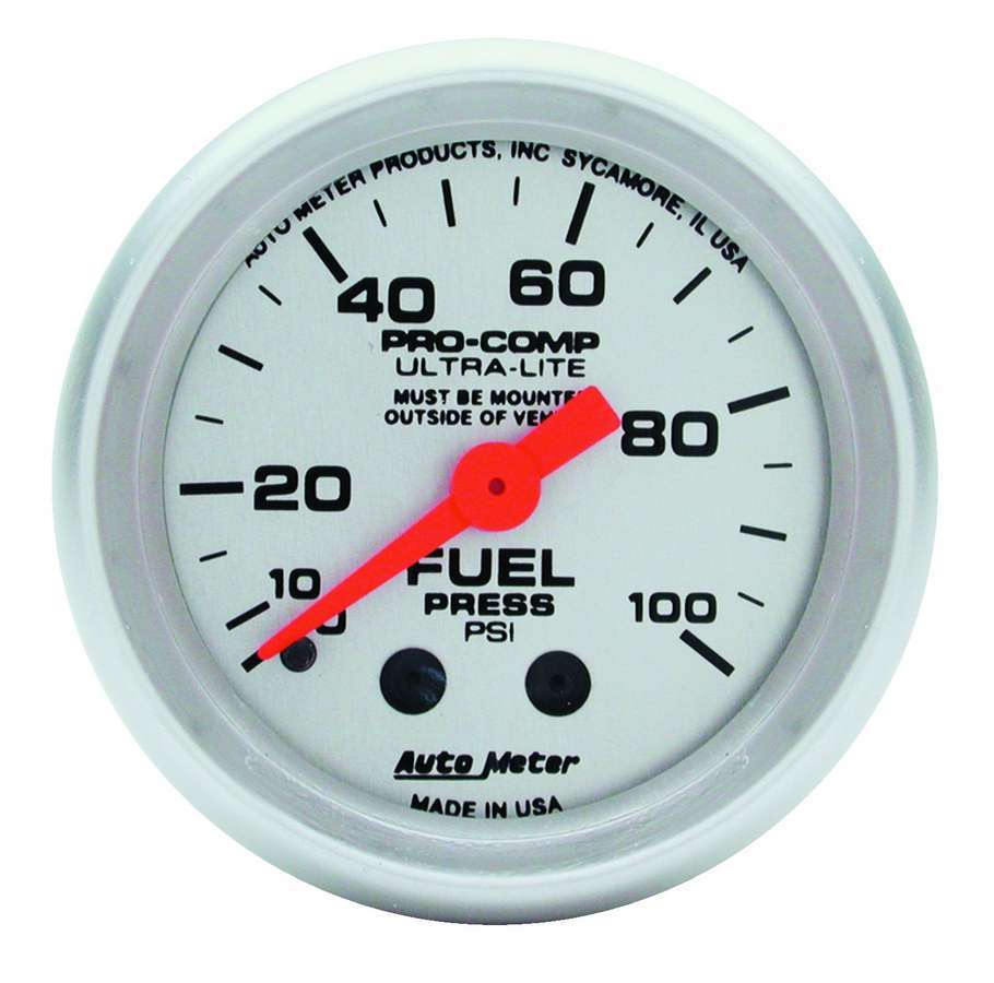 Autometer 4312 2-1/16 Inch Mini Ultralite Fuel Pressure Gauge, 0-100 psi, Mechanical, Analog, Silver Dial