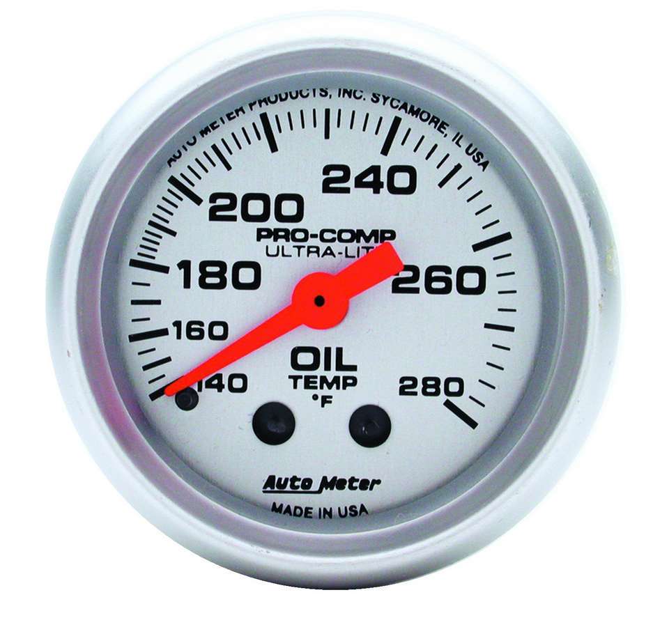 Autometer 4341 2-1/16 Inch Mini Ultralite Oil Temperature Gauge, Mechanical, Analog, Silver Face, 140-280°F Range