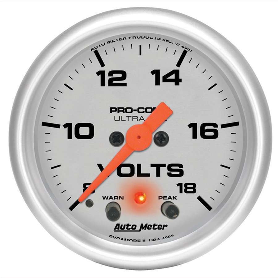Autometer 4383 Ultra-Lite 2-1/16 inch Volt Gauge with Peak and Warning, 8-18V, Analog Full Sweep, Silver Face