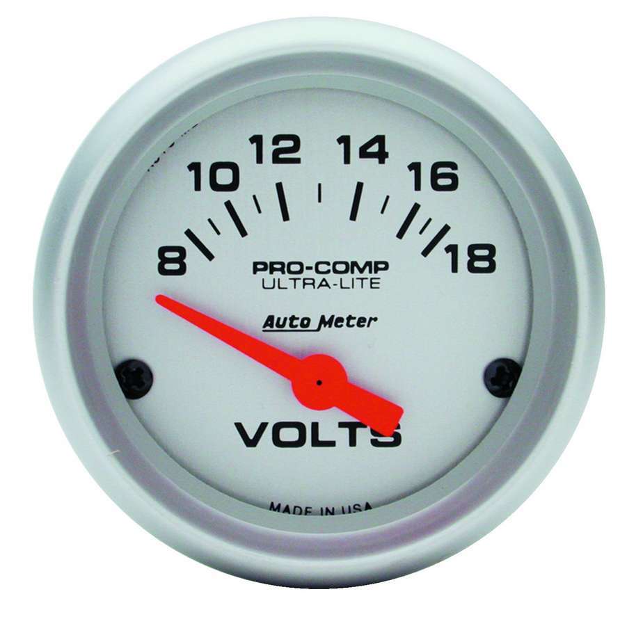 Autometer 4391 2-1/16 Inch Mini Ultralite Volt Meter, 8-18 Volt Analog Short Sweep