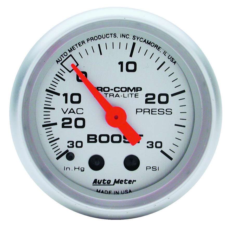 Autometer 4403 Ultralite Boost and Vacuum Gauge, 30 in Hg to 30 psi, Mechanical, Analog, 2-5/8 Inch Diameter, Silver Face