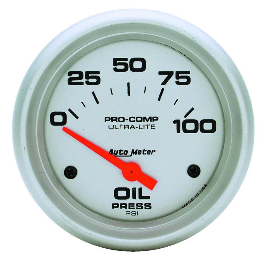 Autometer Ultra-Lite Oil Pressure Gauge 0-100 psi Electric Analog with Short Sweep 2-5/8 Inch Silver Face
