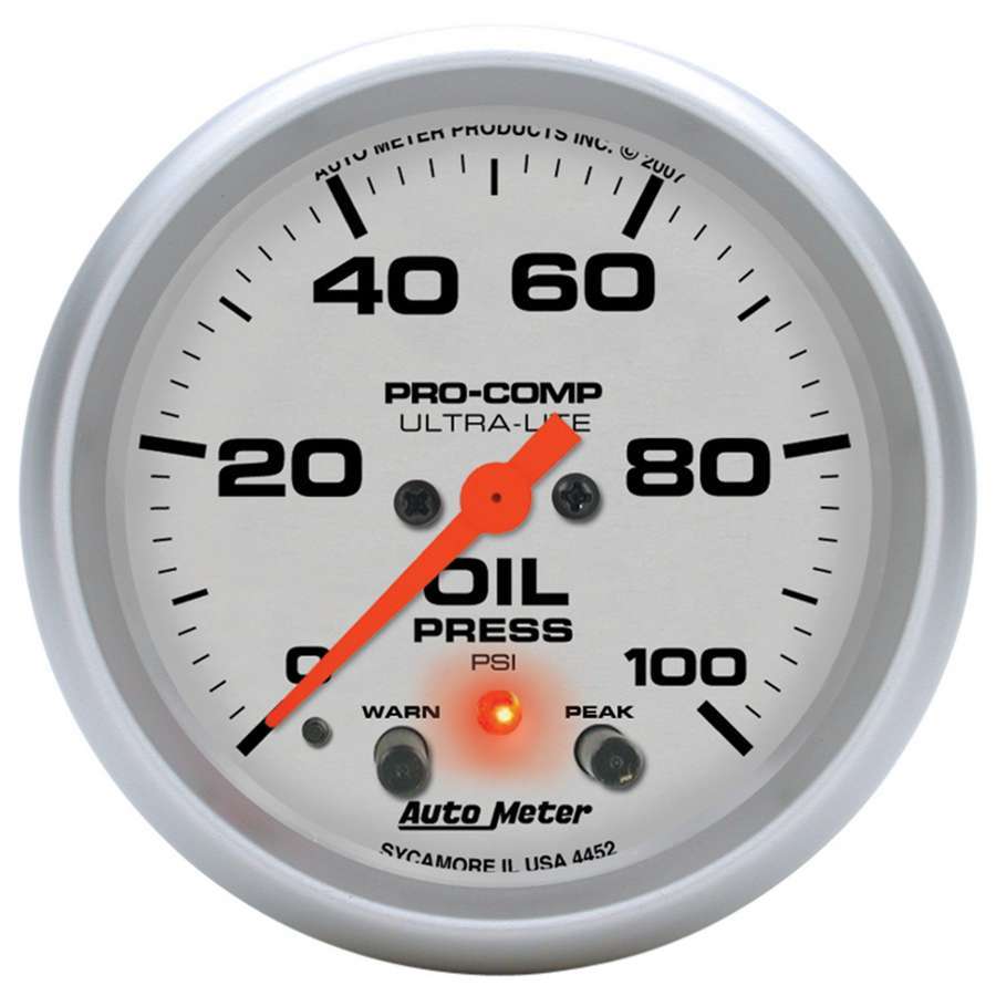 Autometer 4452 Ultra-Lite 2-5/8 Inch Oil Pressure Gauge with Peak and Warning, 0-100 psi, Analog Electric Display