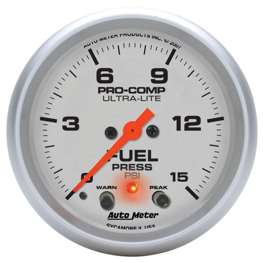 Autometer 4470 Ultra-Lite Fuel Pressure Gauge, 0-15 psi, Electric Analog with Full Sweep, Silver Face, 2-5/8 Inch Diameter