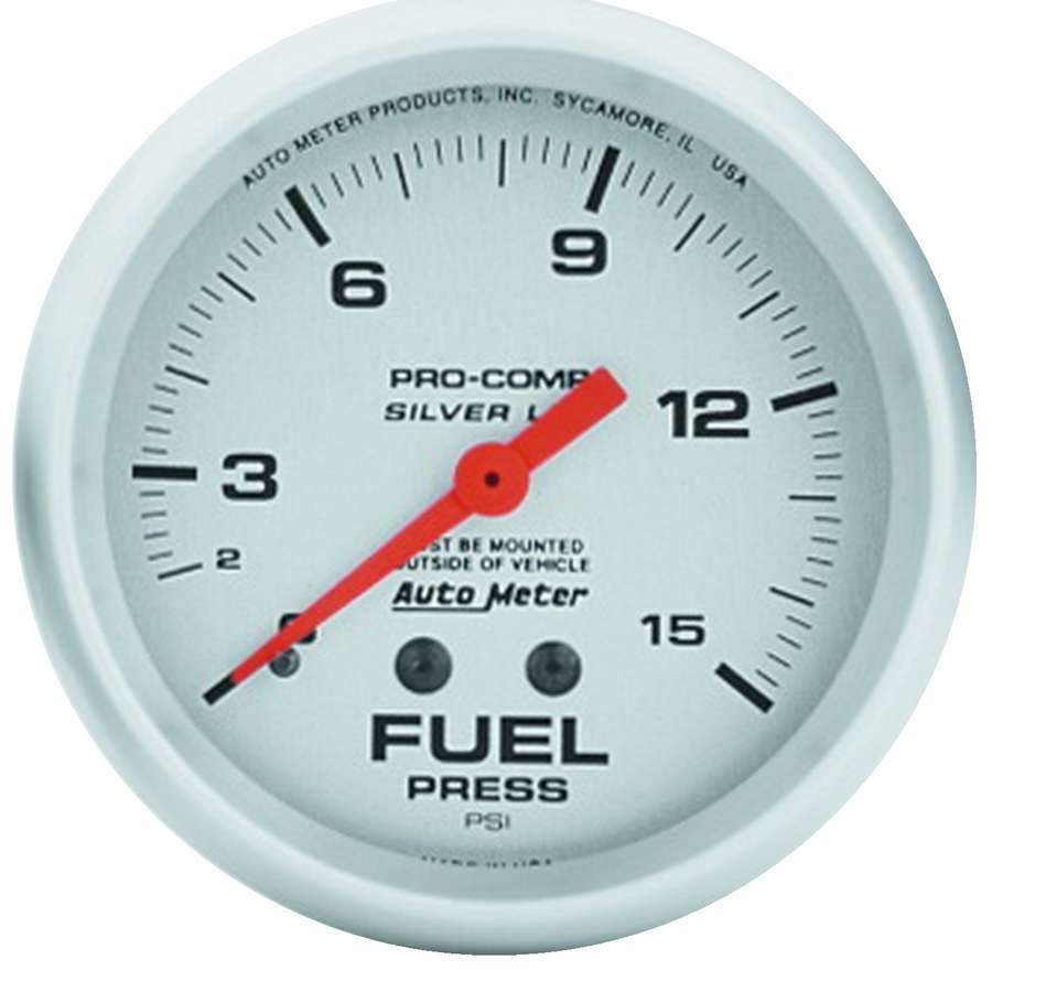 Autometer Pro Comp 4611 Fuel Pressure Gauge 0-15 PSI, 2-5/8 Inch Diameter, Analog Mechanical, Liquid Filled Silver Face