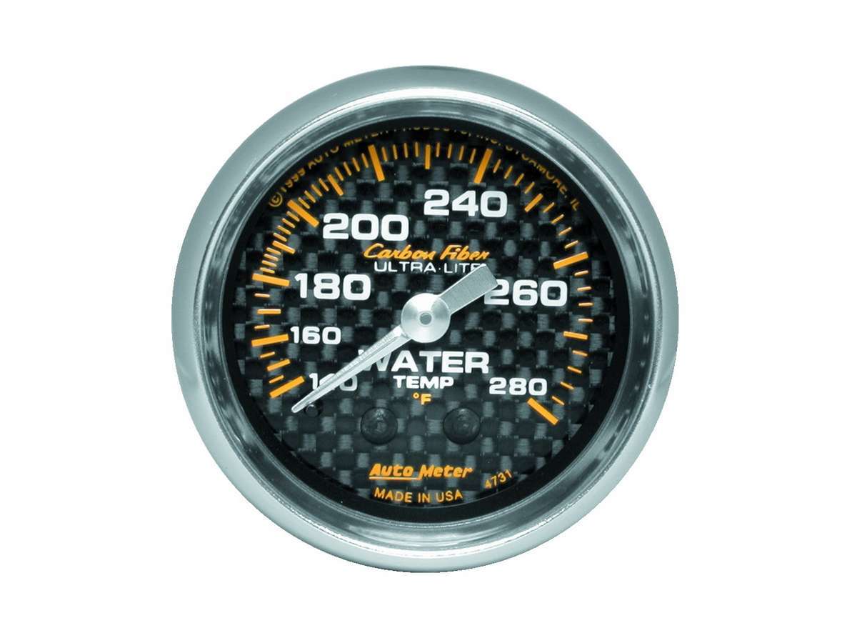 Autometer Carbon Fiber Water Temperature Gauge 140-280°F, 2-1/16 Inch Diameter, Mechanical, Analog Full Sweep