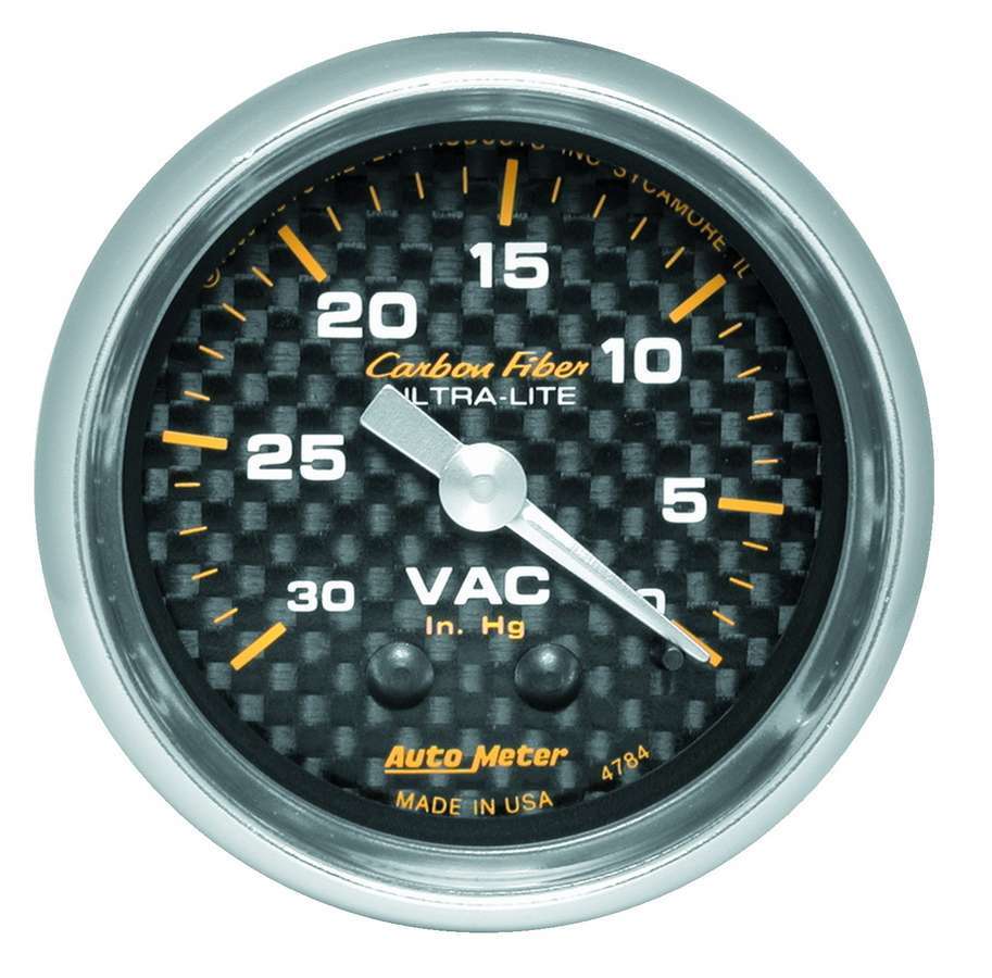 Autometer C/F 2-1/16 Inch Vacuum Gauge 0-30 in Hg Mechanical Analog Carbon Fiber Look
