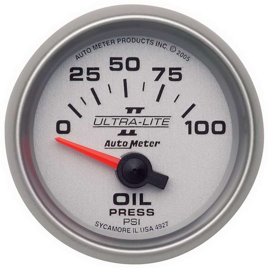 Autometer 4927 Ultra-Lite II Oil Pressure Gauge 0-100 psi, 2-1/16 Inch Diameter, Electric Analog with Short Sweep, Silver Face