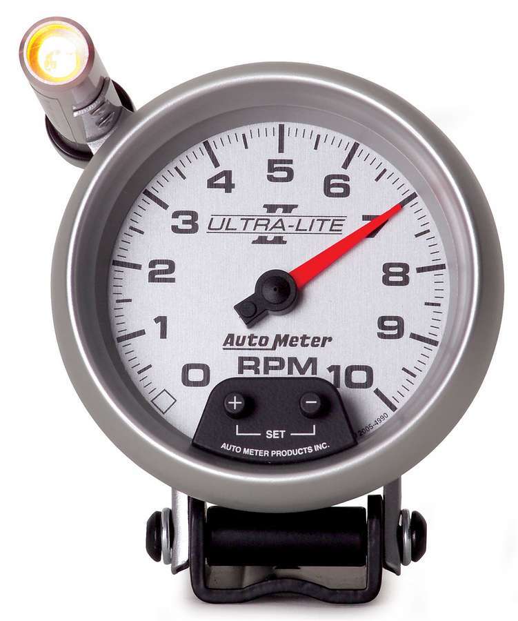 Autometer 4990 Ultra-Lite II 10,000 RPM Electric Analog Tachometer with Shift Light, 3-3/4 Inch Diameter, Pedestal Mount, Silver Face