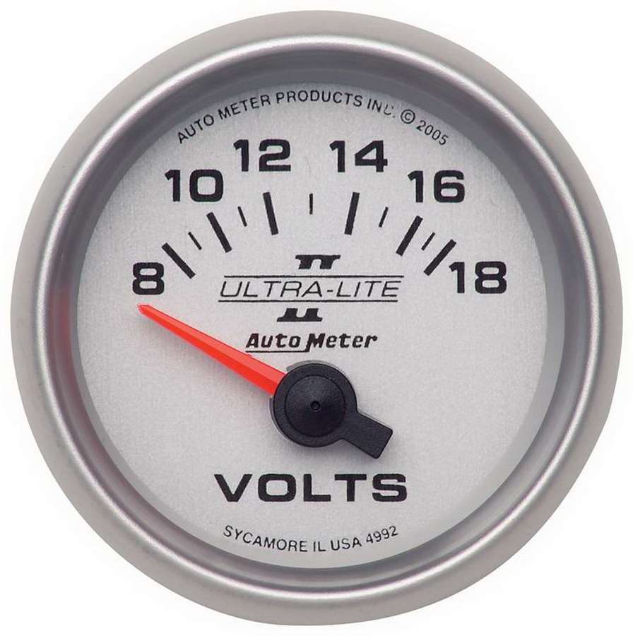 Autometer 4992 Ultra-Lite II 2-1/16 Inch Volt Meter 8-18V Analog Short Sweep Silver Face