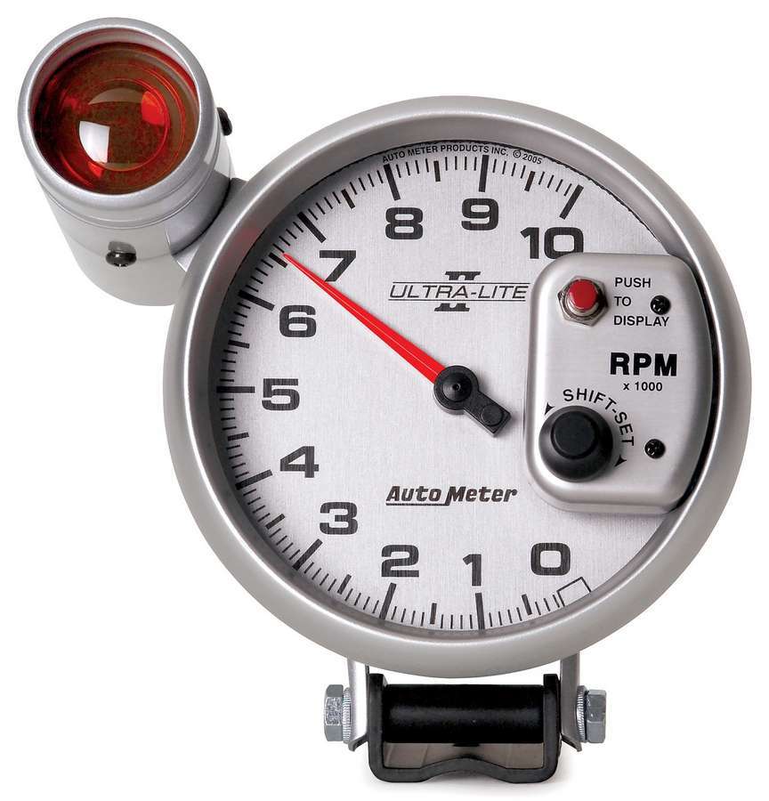Autometer 4999 Ultra-Lite II 10,000 RPM Electric Analog Tachometer with Shift Light, 5-Inch Diameter, Pedestal Mount, Silver Face