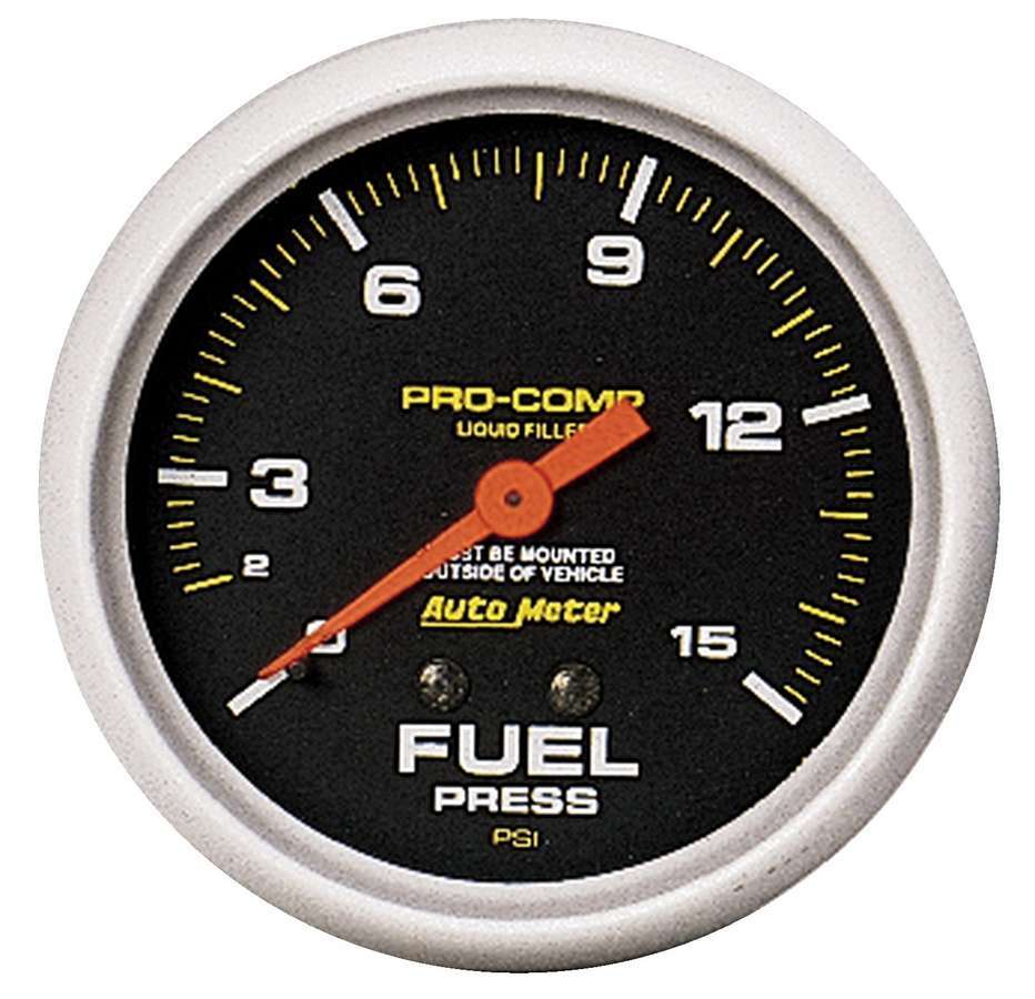 Autometer 5411 Fuel Pressure Gauge, 0-15 psi, Mechanical, Analog, Full Sweep, 2-5/8 Inch Diameter, Liquid Filled, Black Face