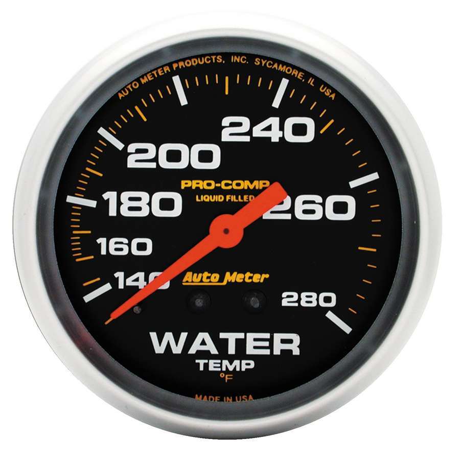 Autometer 5431 Water Temperature Gauge 140-280°F Mechanical Analog Full Sweep 2-5/8 Inch Black Face Liquid Filled