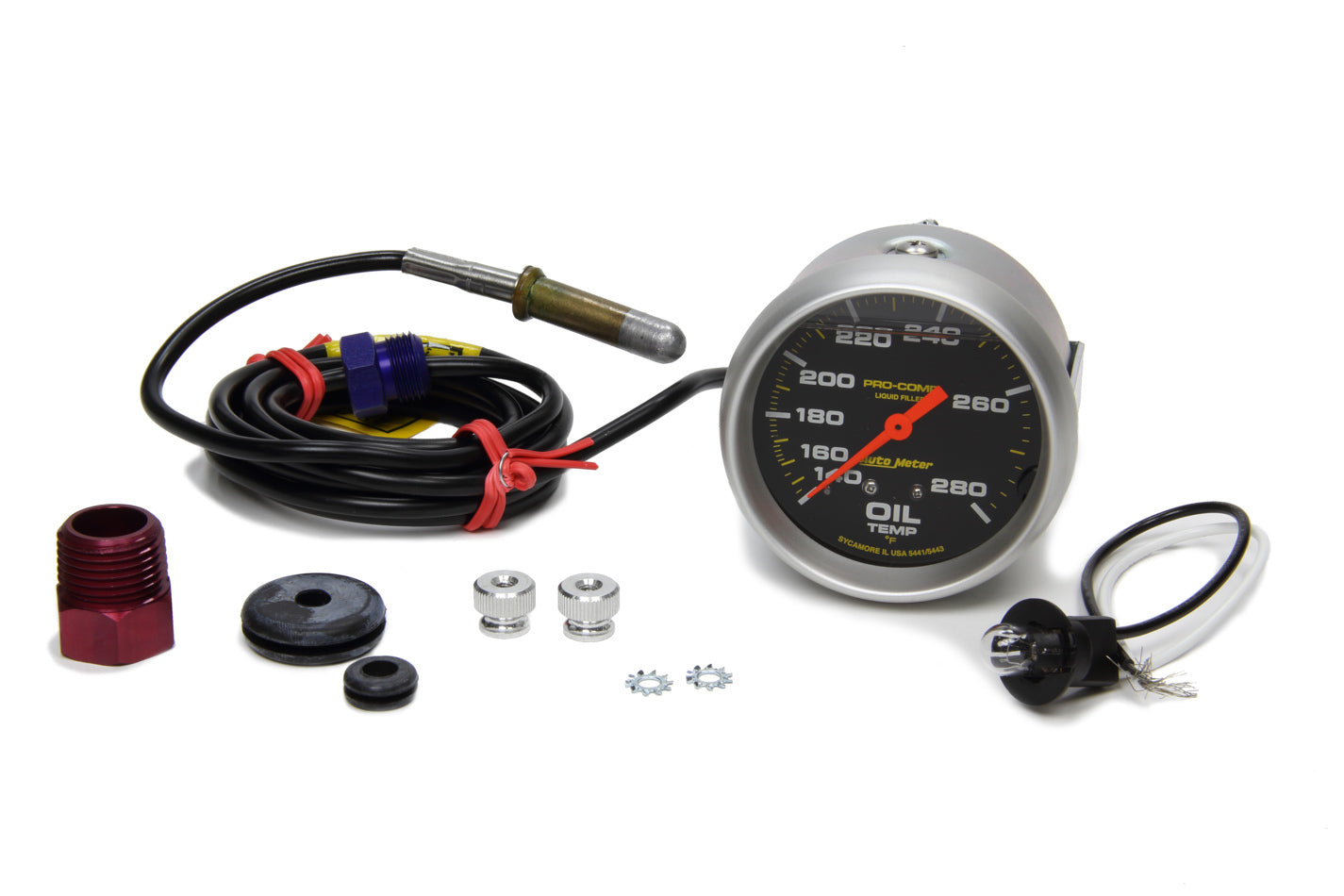 Autometer 5441 Oil Temperature Gauge 140-280°F Mechanical Analog Full Sweep 2-5/8 Inch Diameter Liquid Filled Black Face