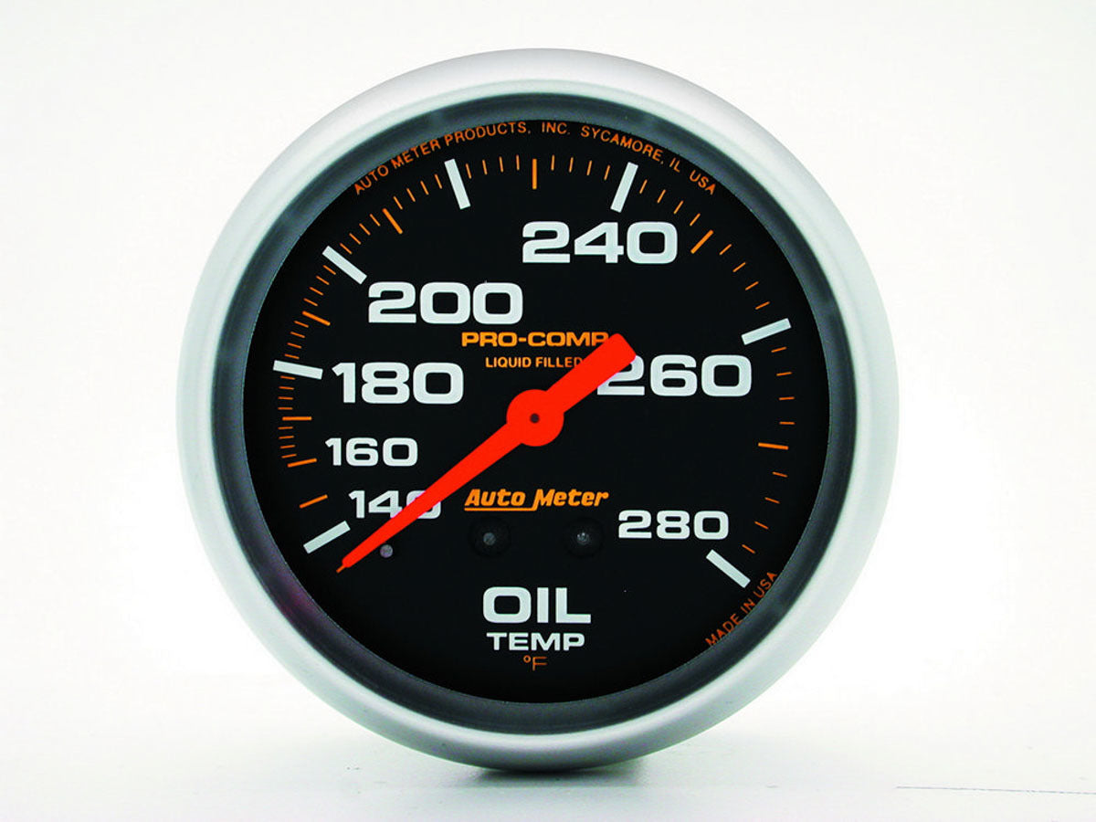 Autometer 5443 Oil Temperature Gauge 140-280°F Mechanical Analog Full Sweep 2-5/8 Inch Black Face Liquid Filled