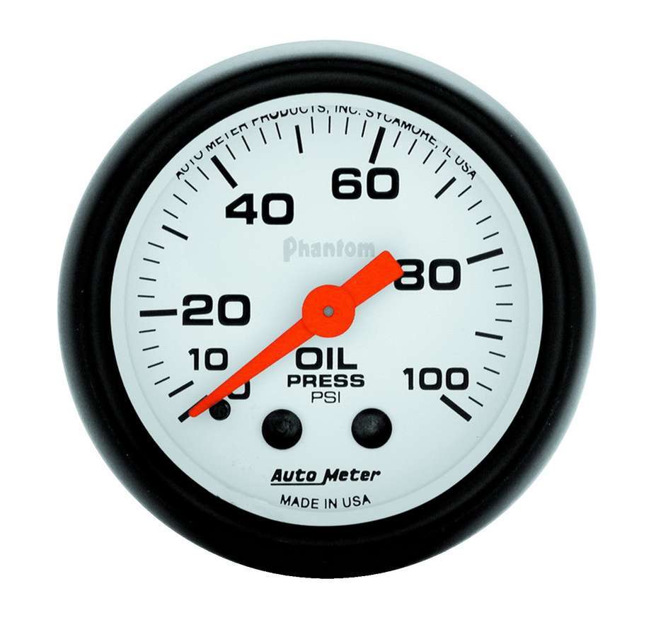 Autometer Phantom 2 1/16 Inch Oil Pressure Gauge 0-100 PSI Mechanical Analog White Face