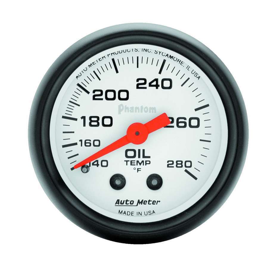 Autometer Phantom 2-1/16 Inch Oil Temperature Gauge 140-280°F Mechanical Analog Full Sweep White Face
