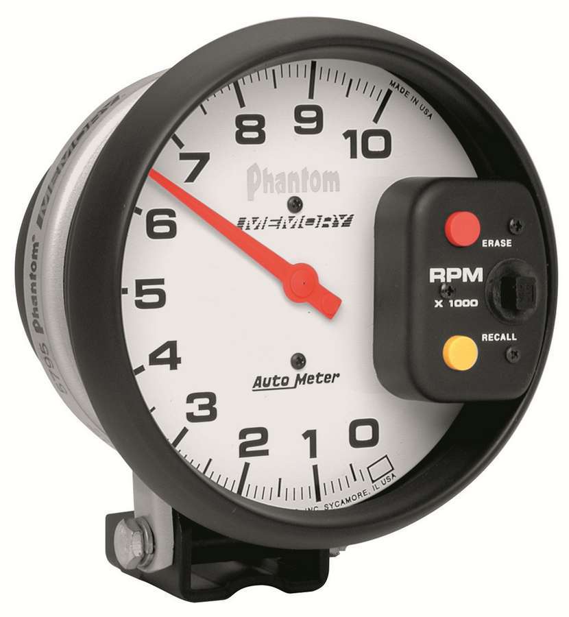 Autometer 5795 5-Inch Phantom Memory Tachometer with 10,000 RPM, Analog, Pedestal Mount, White Face