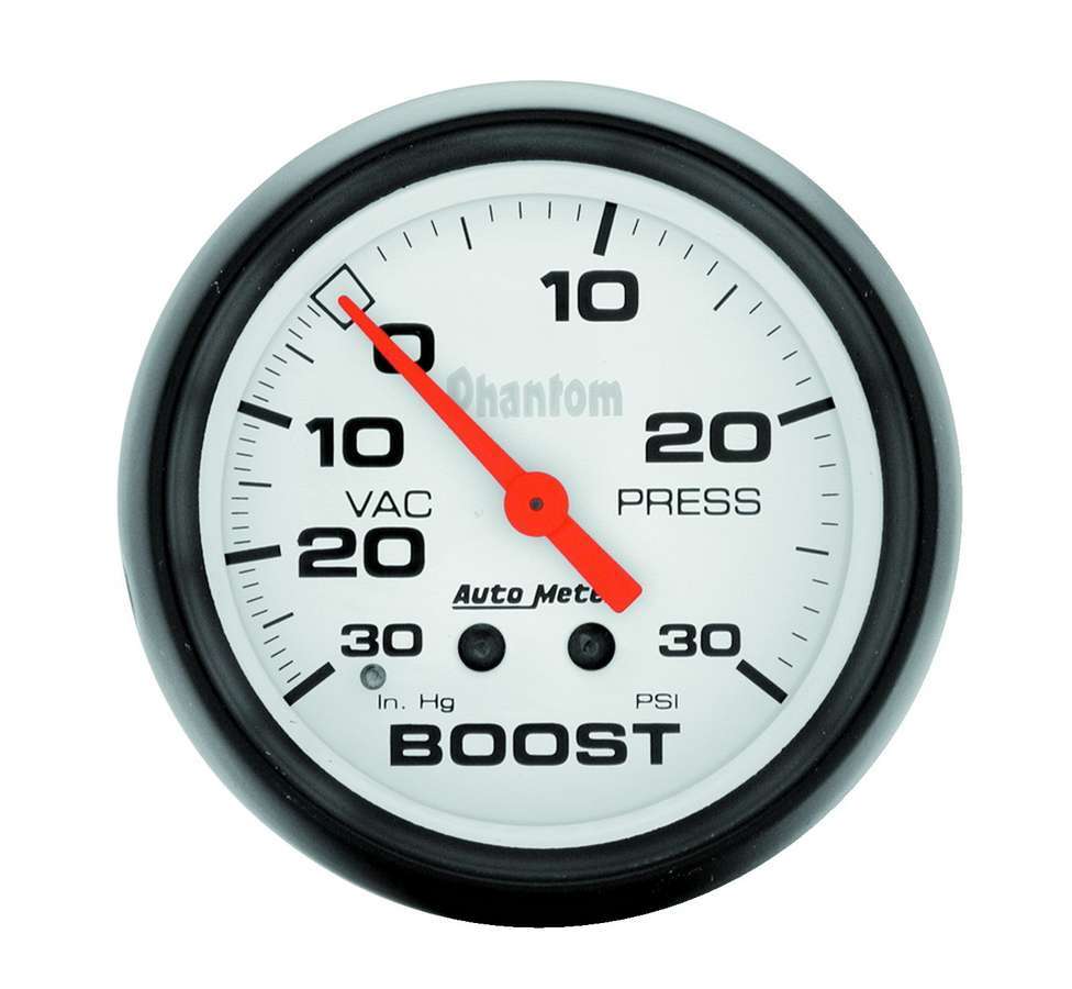 Autometer 5803 Phantom Boost and Vacuum Gauge, 30 in Hg to 30 psi, Mechanical Analog, 2-5/8 Inch White Face