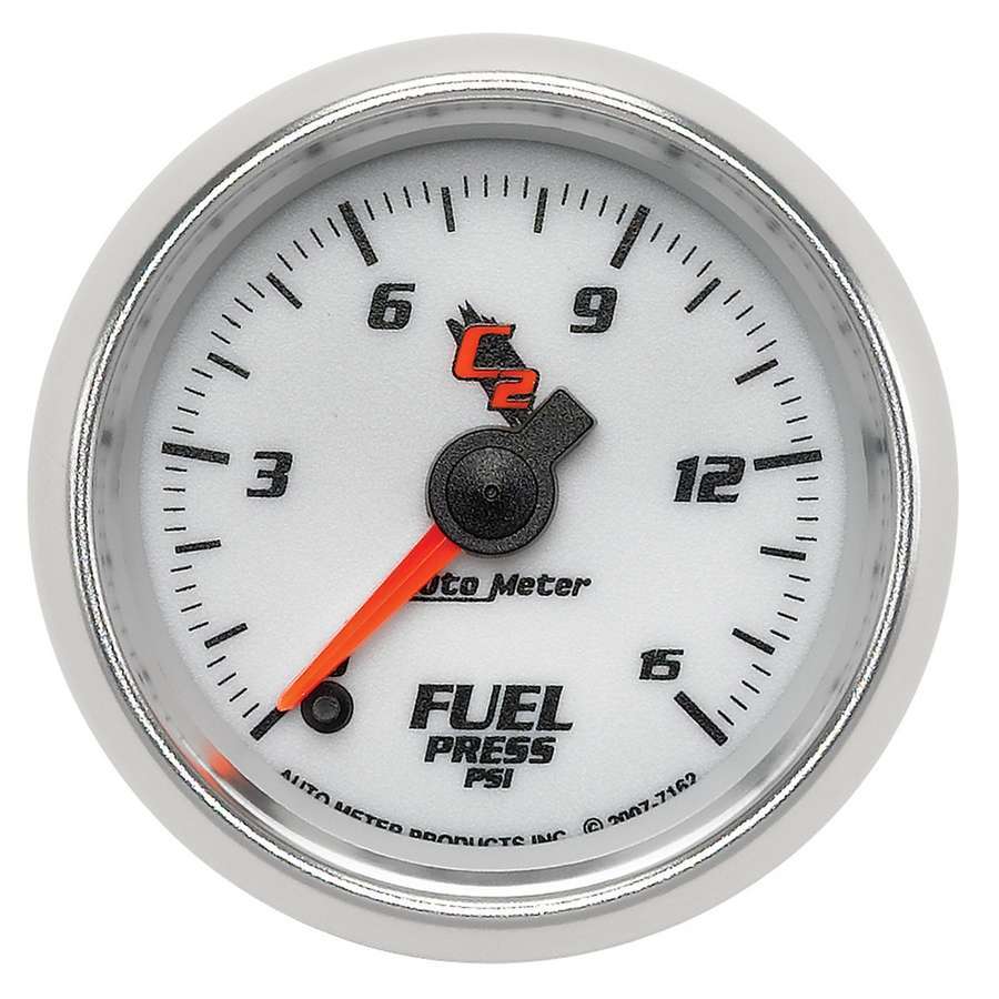 Autometer 7162 2-1/16 Inch C2 Series Fuel Pressure Gauge, 0-15 PSI, Electric Analog with Full Sweep White Face