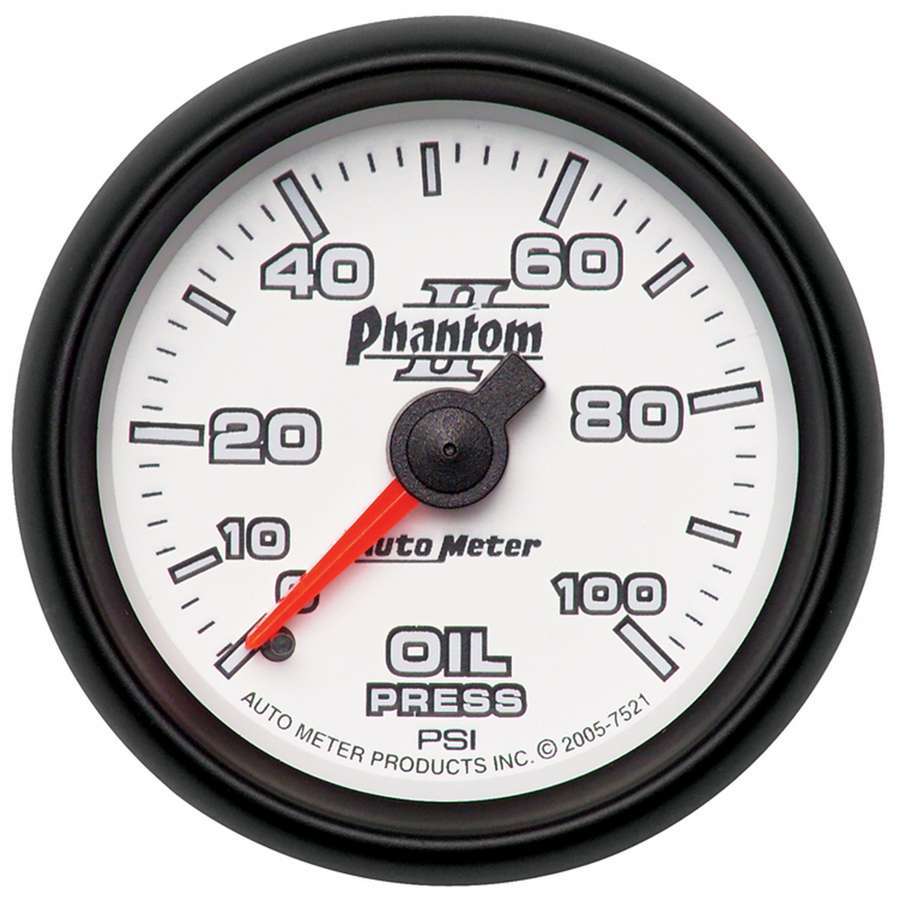 Autometer 7521 Phantom II Oil Pressure Gauge, 0-100 psi, Mechanical, Analog, 2-1/16 Inch White Face