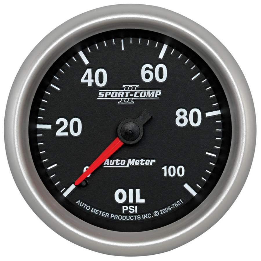 Autometer 7621 Sport-Comp II Oil Pressure Gauge 0-100 psi, Mechanical, Analog, Full Sweep, 2-5/8 Inch Black Face