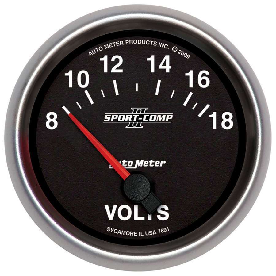 Autometer 7691 Sport-Comp II Volt Gauge, 8-18V, 2-5/8 Inch Diameter, Analog Short Sweep, Black Face