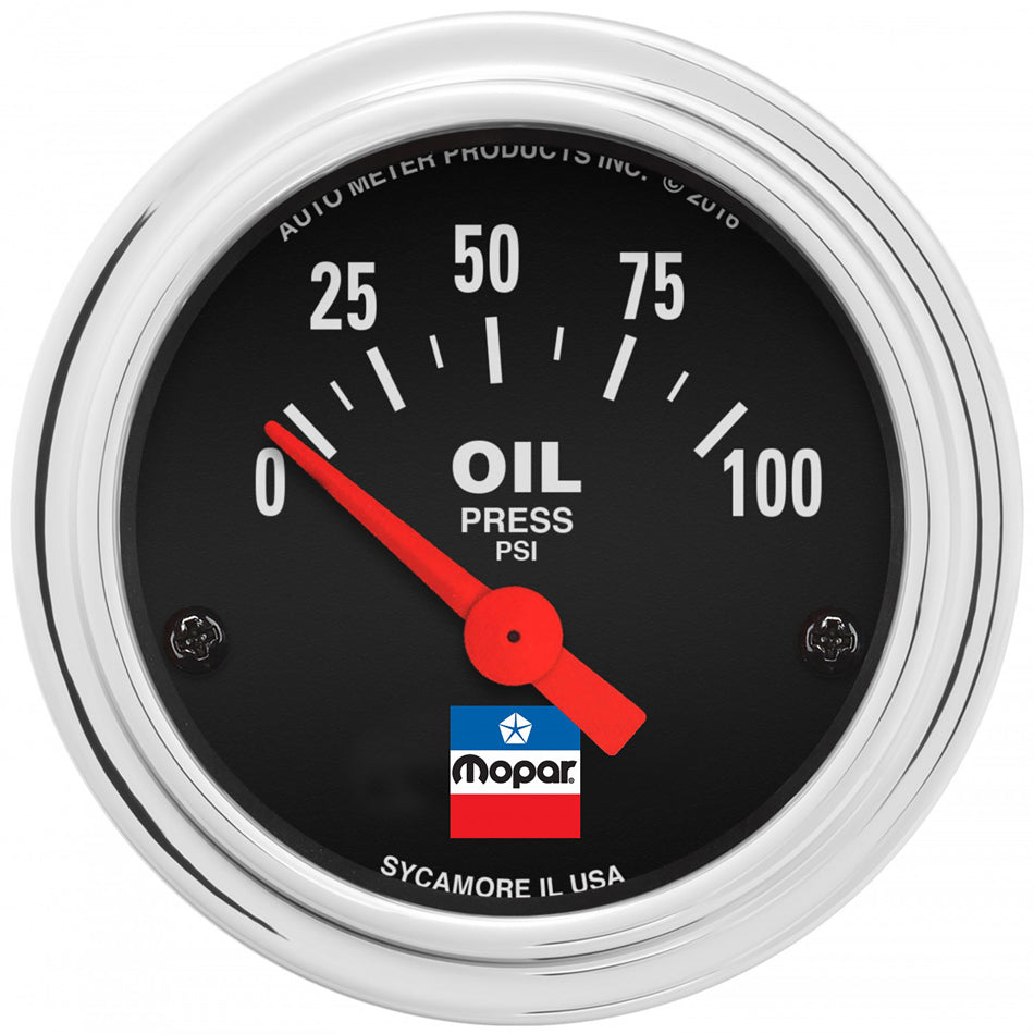 Autometer 880786 Mopar Logo Series 2-1/16 Inch Oil Pressure Gauge, 0-100 psi, Electric, Analog, Short Sweep, Black Face