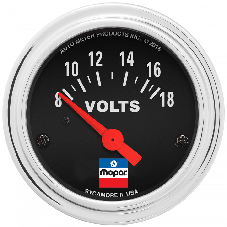 Autometer 880788 Mopar Logo Series 2-1/16 Inch Volt Meter Gauge, 8-18V, Analog Short Sweep, Black Face