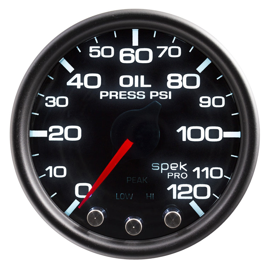 Autometer Spek-Pro Oil Pressure Gauge P32552, 0-120 psi, 2-1/16 Inch Diameter, Black Face, Electric Analog with Stepper Motor