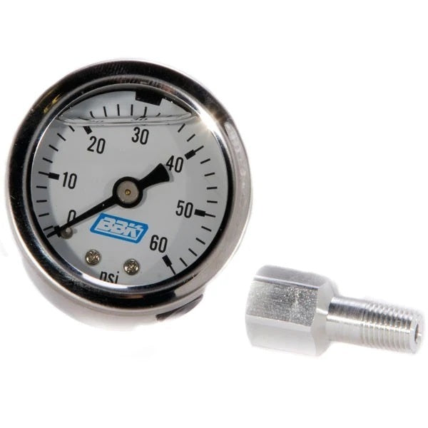 BBK Performance Fuel Pressure Gauge 0-60 psi Mechanical Analog 1-1/2 Inch Diameter Liquid Filled with White Face and NPT Port