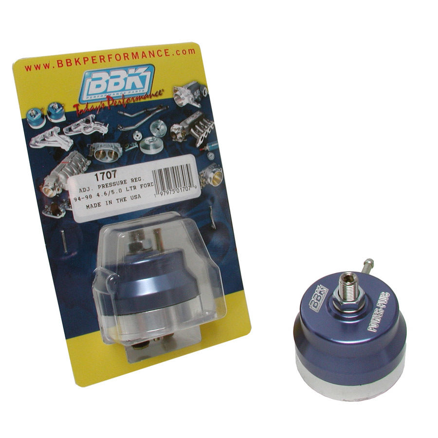 BBK Performance Billet Adjustable Fuel Pressure Regulator for Ford Modular Engines, 1994-1998 Mustang, 35 to 65 PSI, Rail Mount, Aluminum, Blue Anodized