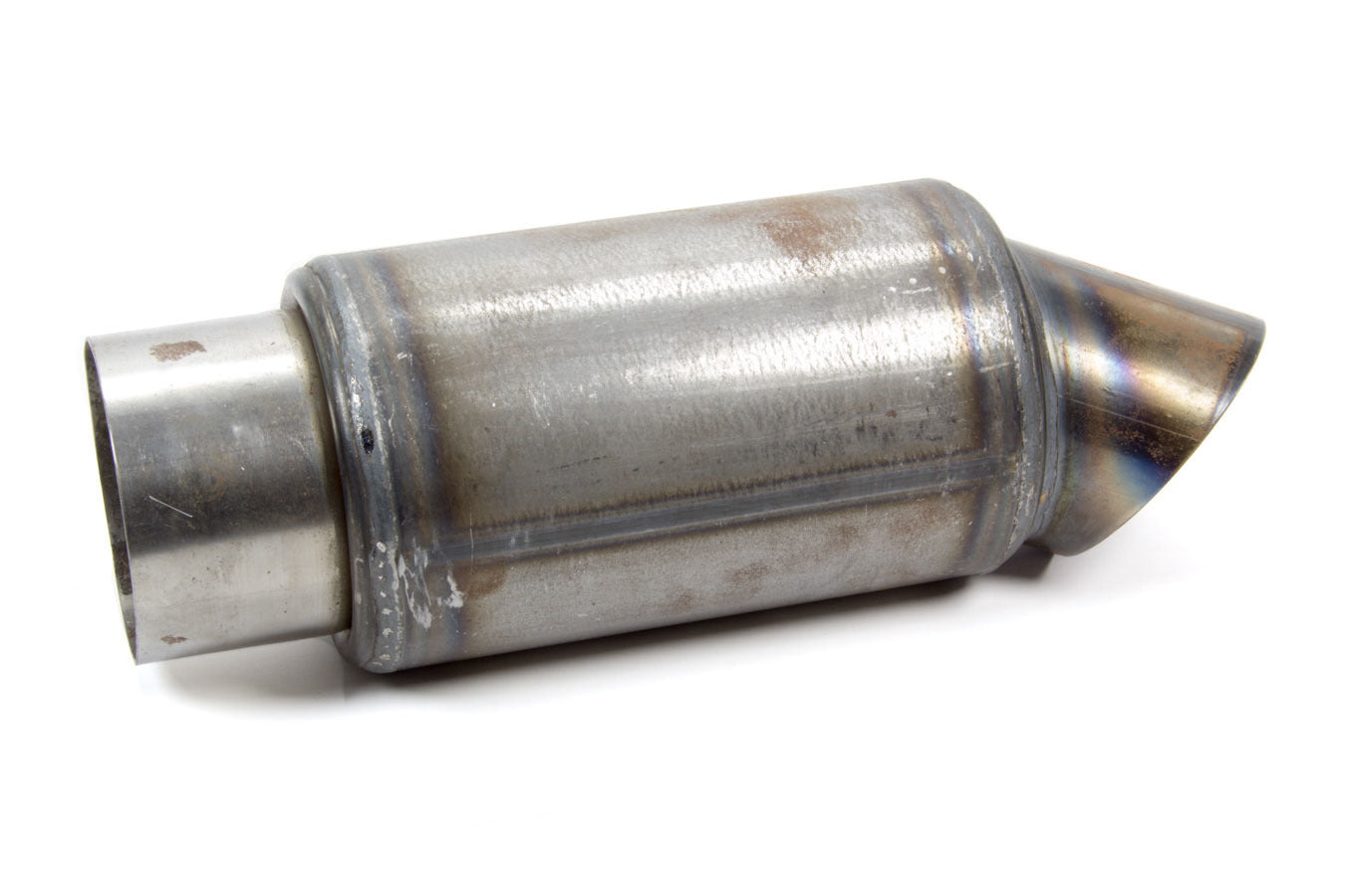 Beyea Custom Headers MUF3 Muffler with 3-Inch Center Inlet and Turn Down Outlet, 6 x 4.5 Inch Round Body, 11.5 Inch Length, Steel, Natural Finish