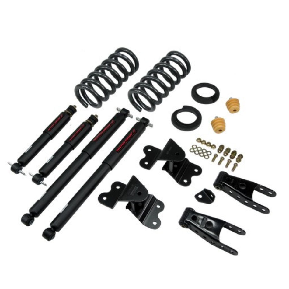 Bell Tech 686ND Lowering Kit for GM Fullsize Trucks with 3 Inch Front and 4 Inch Rear Drop, Coil Springs, Shocks, Hardware, and Shackle