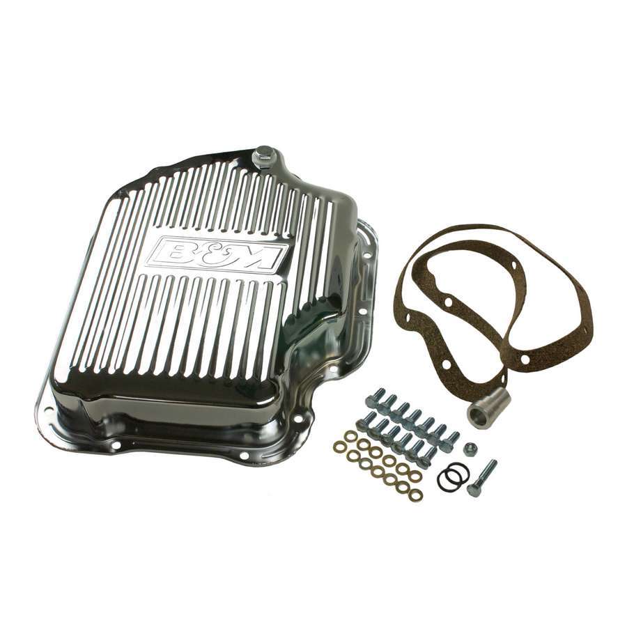B and M Automotive TH400 Deep Sump Transmission Pan with Ribbed Design and 2 Quart Capacity, Chrome Steel