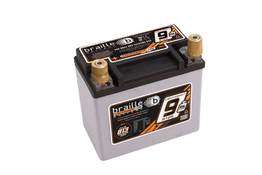 Braille Auto Battery B129 Racing Battery, 12V AGM, Lightweight, 813 Pulse Cranking Amps, Threaded Terminals