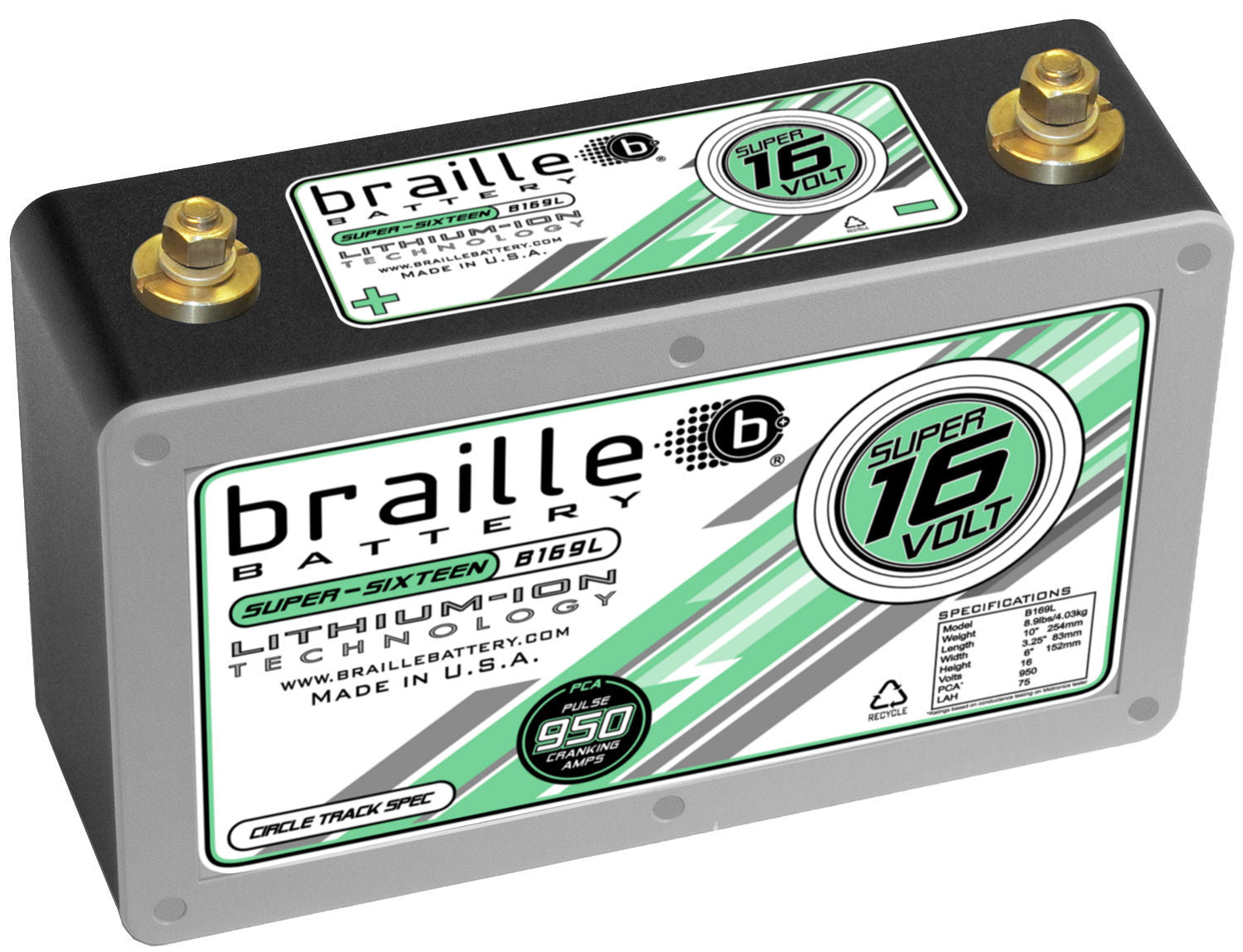 Braille Auto Battery B169L Lithium-Ion Super Sixteen Battery, 16V, 950 Pulse Cranking Amps, Threaded Terminals